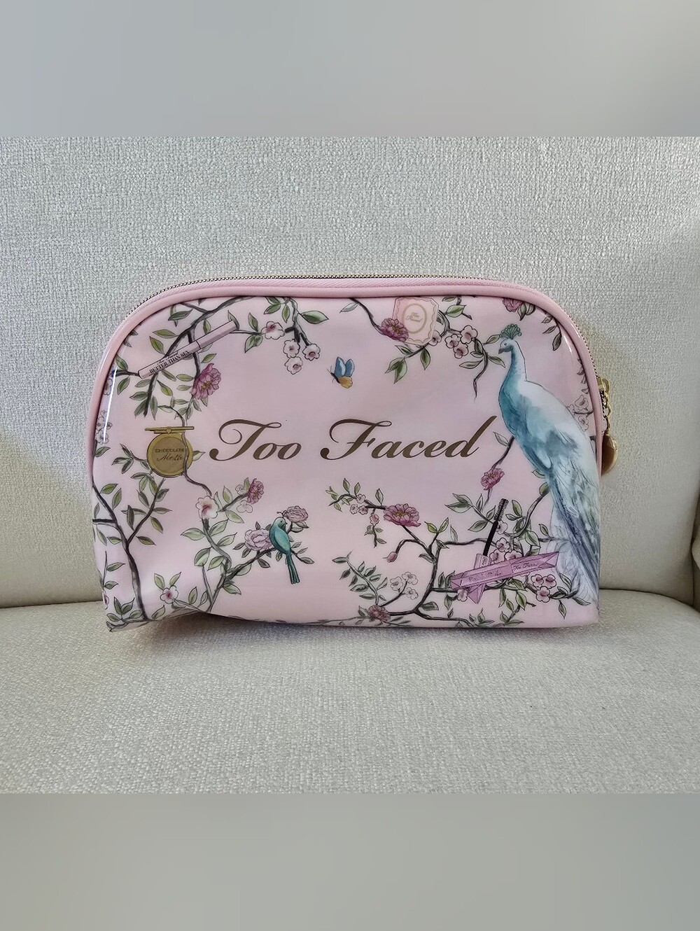 New Too Faced Light Pink Floral Cosmetic Pouch with Bird Print